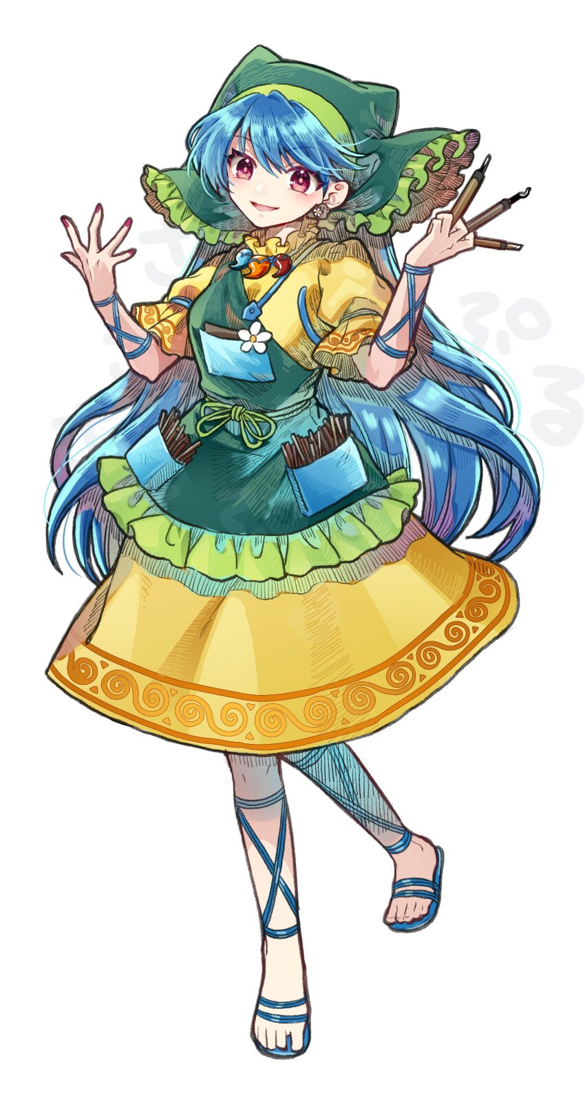1girl :d absurdres apron arm_ribbon blue_sandals commentary_request dress earrings full_body green_apron green_headscarf hands_up haniyasushin_keiki headscarf highres holding_tool hoop_earrings jewelry leg_ribbon long_hair looking_at_viewer magatama magatama_necklace making-of_available necklace open_mouth puffy_short_sleeves puffy_sleeves red_eyes red_nails ribbon sandals short_sleeves simple_background smile socha solo touhou very_long_hair white_background yellow_dress