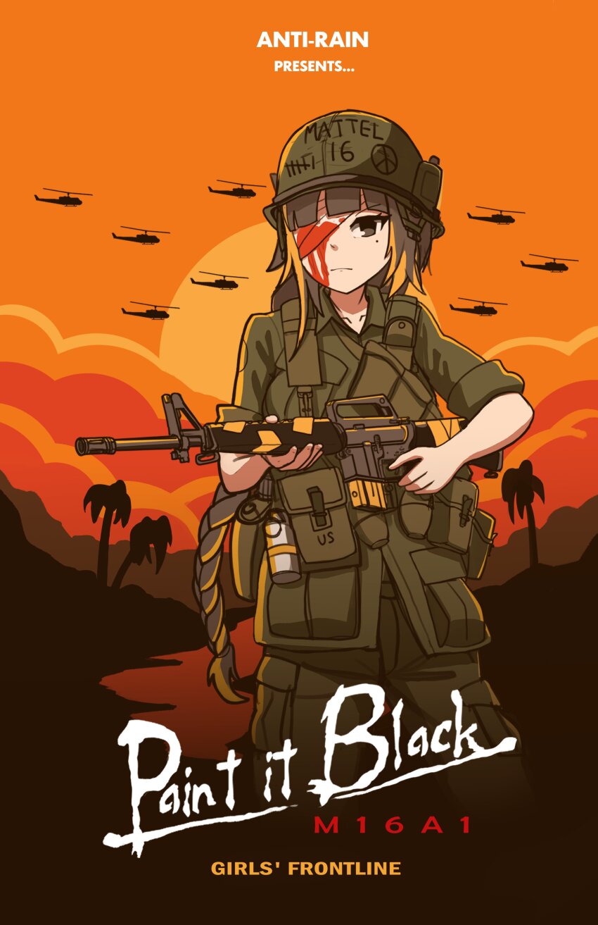 absurdres aircraft ammunition_pouch assault_rifle blonde_hair blood braid brown_hair canteen chest_rig colored_skin combat_helmet duct_tape explosive eyepatch girls&#039;_frontline grenade gun helicopter helmet highres m16 m16a1 m16a1_(girls&#039;_frontline) marpaparp military_combat_uniform military_uniform mole mole_under_eye movie_poster movie_reference orange_background patch peace_symbol pouch rifle shoulder_patch single_braid vietnam_war weapon white_skin