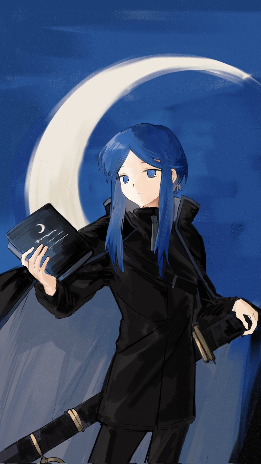 1girl bari_(project_moon) black_cape black_jacket black_pants blue_background book cape cowboy_shot crescent_moon erzheawa highres holding holding_book jacket library_of_ruina moon pants project_moon short_hair_with_long_locks sidelocks simple_background solo sword weapon