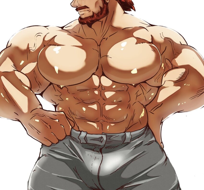1boy abs bara beard biceps bulge facial_hair hand_on_own_hip huge_pectorals kaeru333938123 male_focus manly mature_male muscular muscular_arms muscular_male mustache nipples original pants pectorals red_facial_hair red_hair short_hair simple_background solo spiked_hair topless_male veins white_background
