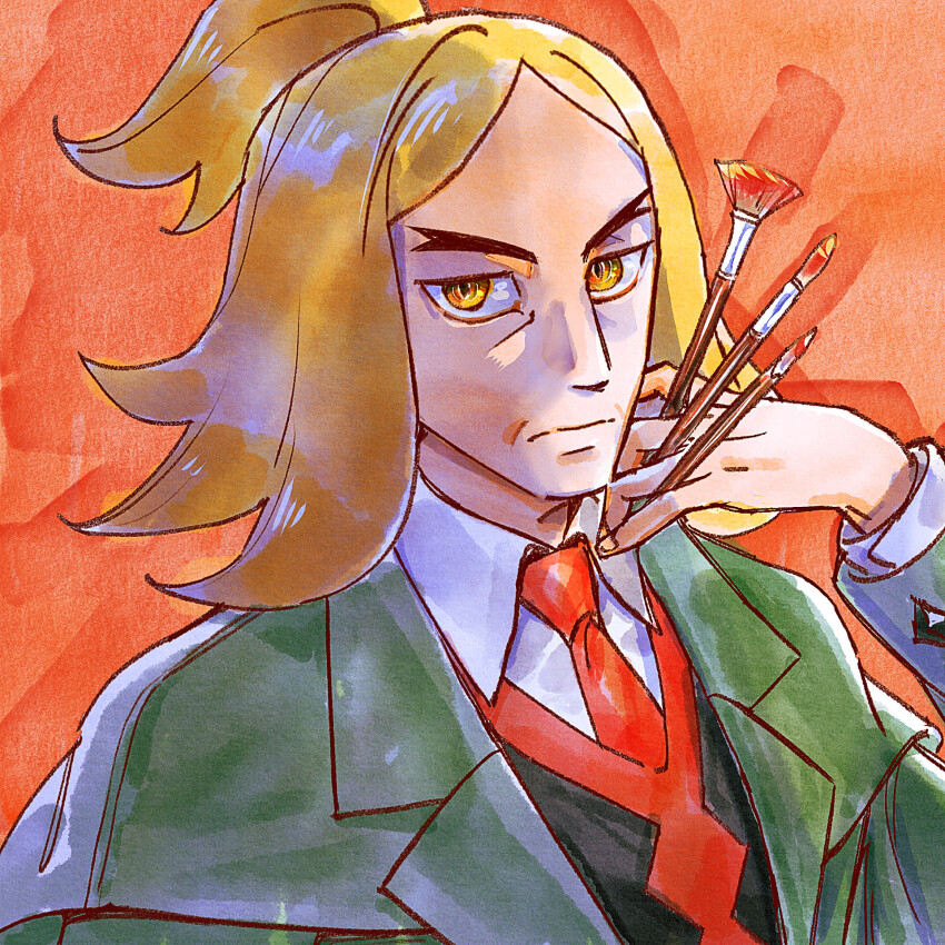 1boy black_vest blonde_hair collared_shirt commentary go-lurk green_jacket hand_up hassel_(pokemon) highres holding holding_paintbrush jacket long_sleeves looking_at_viewer male_focus medium_hair necktie nintendo orange_background paintbrush parted_bangs pokemon pokemon_sv ponytail shirt short_ponytail solo upper_body vest white_shirt yellow_eyes