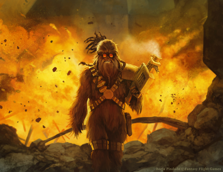 1boy absurdres alien ammunition_belt artist_name borja_pindado brown_fur clenched_teeth commentary debris english_commentary explosion goggles gun highres holding holding_gun holding_weapon looking_at_viewer round_eyewear solo star_wars teeth weapon wookiee