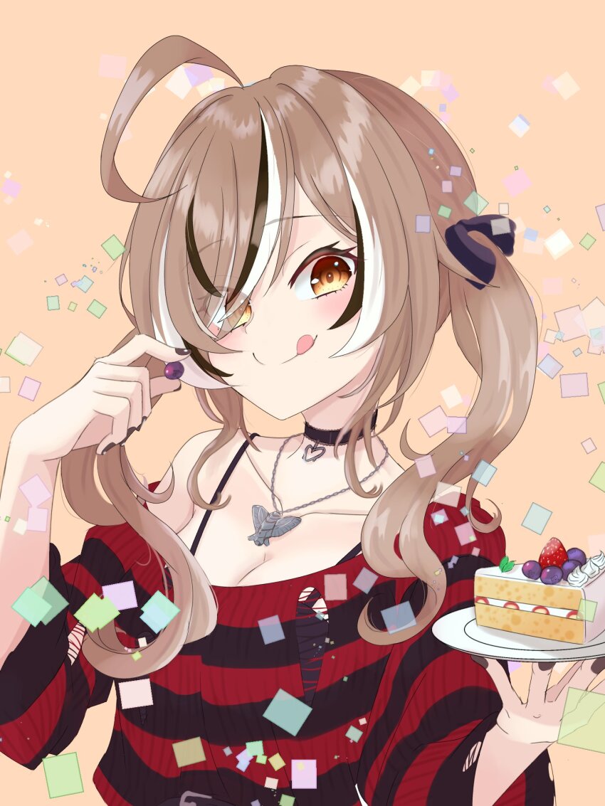 :q ahoge belt berry bird black_choker black_nails black_ribbon black_sweater blueberry breasts brown_eyes brown_hair cake chain chain_necklace choker cleavage confetti emo_fashion food fruit hair_ribbon highres holding holding_food holding_plate hololive hololive_english huge_ahoge jewelry licking_lips looking_at_viewer maaru_(jatjem1vy6nok0o) nanashi_mumei nanashi_mumei_(emo) necklace owl plate red_sweater ribbon spaghetti_strap strawberry_shortcake striped_clothes striped_sweater sweater sweater_partially_tucked_in tongue tongue_out torn_clothes torn_sweater twintails two-tone_sweater upper_body virtual_youtuber yellow_background