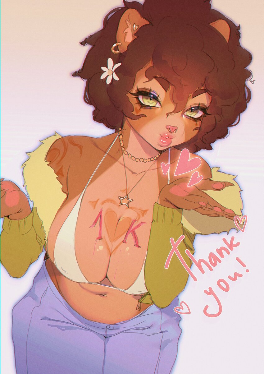 1girl absurdres afro animal_ear_piercing animal_ears animal_hands arm_tattoo bead_necklace beads belly bent_over bikini blowing_kiss breast_tattoo breasts brown_hair cat_ears cat_girl cat_paws chamomile claws cleavage colored_skin commentary covered_erect_nipples cowboy_shot cropped_jacket dark_skin denim double-parted_bangs earrings english_commentary english_text face_piercing facial_mark flower fur_trim furry furry_female gold_earrings gold_piercing gradient_background green_eyes green_jacket hair_between_eyes hair_flower hair_ornament heart heart_tattoo highres jacket jeans jewelry large_breasts looking_at_viewer micro_bikini midriff milestone_celebration multicolored_skin navel necklace noisykoala nose_piercing nose_ring off-shoulder_jacket off_shoulder original pants piercing pink_lips short_hair sketch star_(symbol) star_necklace swimsuit tattoo thank_you thick_eyebrows thick_lips thick_thighs thighs two-tone_skin white_background white_bikini