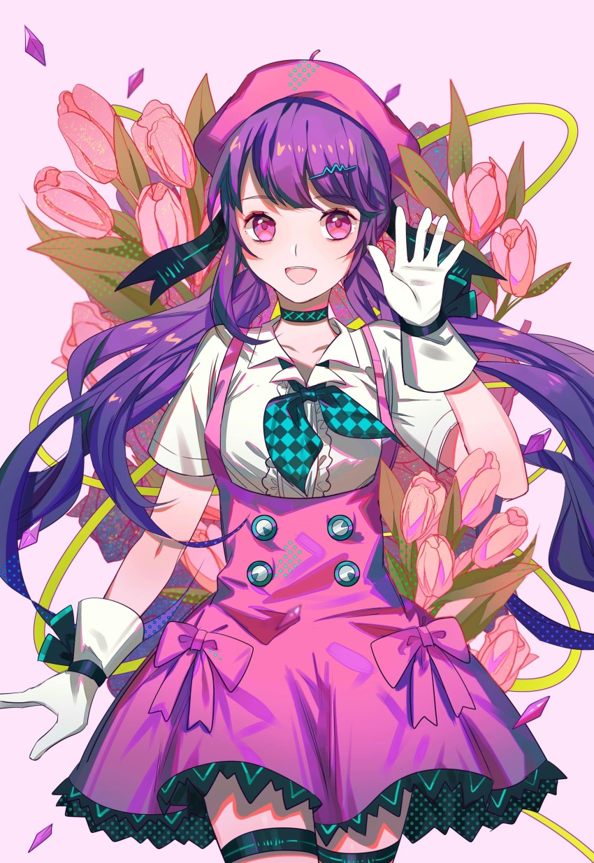 1girl absurdres black_choker bow buttons checkered_neckerchief choker commentary cowboy_shot flower gloves high-waist_skirt highres jamjar77 looking_at_viewer neckerchief open_mouth pink_background pink_bow pink_eyes pink_skirt pink_theme purple_hair purple_theme shirt short_sleeves skirt smile solo suspender_skirt suspenders swept_bangs thigh_strap vocaloid waving white_gloves xin_hua xin_hua_(vocaloid4) xin_hua_(vocaloid4_standard)