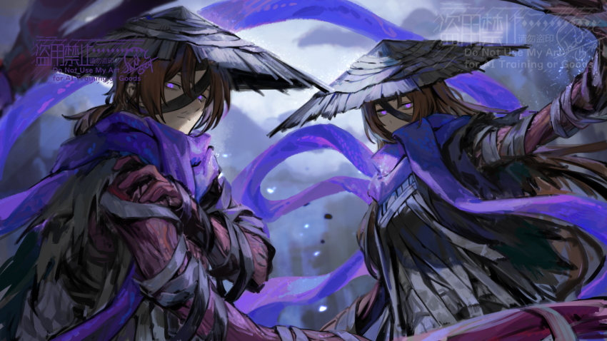 1boy 1girl bandaged_arm bandages brown_hair cloud commentary_request conical_hat expressionless gregor_(project_moon) heishou_pack-si_branch_(identity)_(project_moon) highres limbus_company long_arms looking_at_viewer nishikujic ponytail project_moon purple_eyes purple_scarf rodion_(project_moon) scarf sidelocks torn_clothes