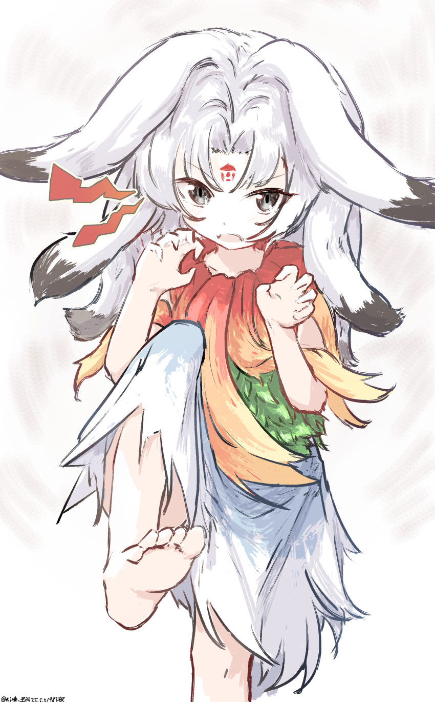 absurdres barefoot claw_pose collarbone dot_nose dress facial_mark facing_viewer feet forehead_mark fossilized_wonders grey_eyes highres houjuu_chimi leg_up long_hair looking_at_viewer one-hour_drawing_challenge open_mouth parted_bangs signature simple_background touhou ve1024 white_background white_dress white_hair