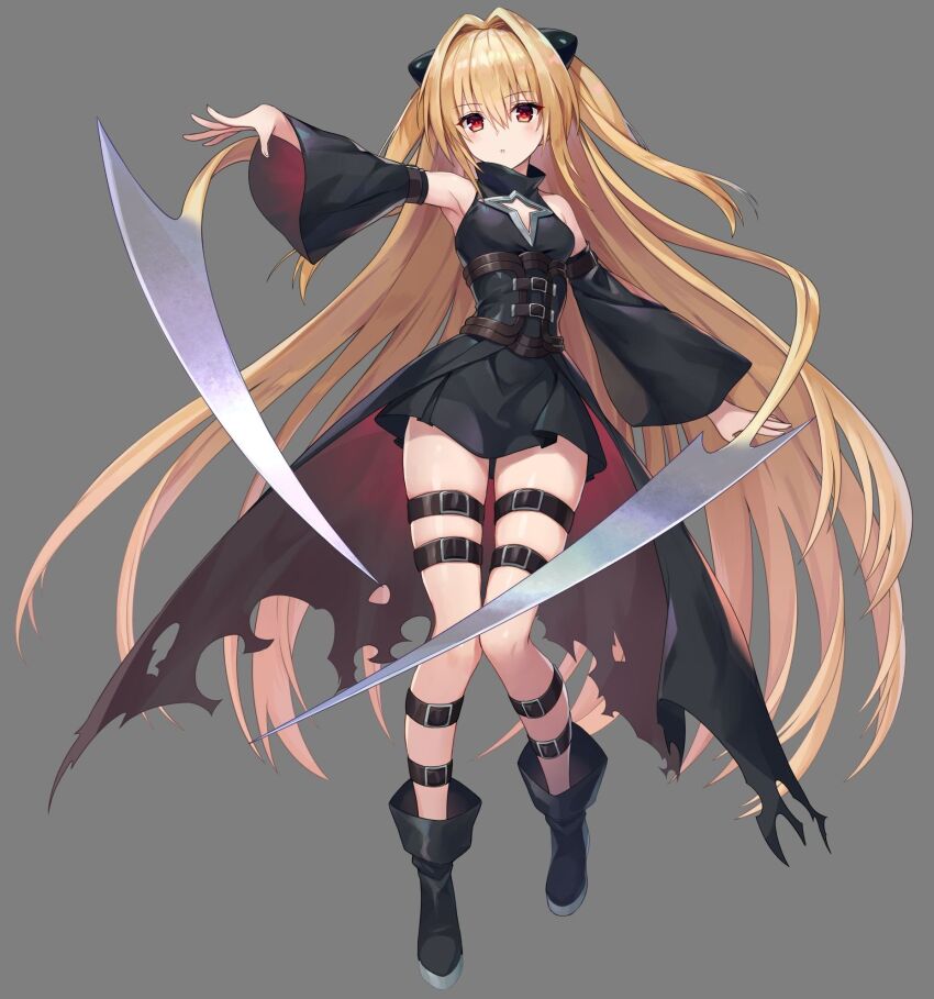 1girl armpits artist_request bare_legs belt blonde_hair boots corset detached_sleeves dress full_body grey_background hair_between_eyes hair_intakes hair_ornament hair_weapon hand_up highres knife konjiki_no_yami long_hair official_art outstretched_arm parted_lips ragnador red_eyes shin_strap simple_background skindentation skirt sleeveless sleeveless_dress solo standing thigh_strap third-party_source to_love-ru to_love-ru_darkness torn_clothes torn_skirt very_long_hair wide_sleeves