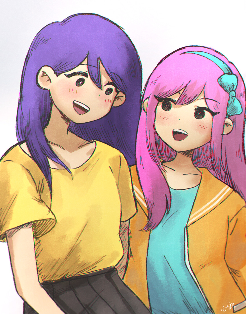 2girls :d alternate_costume aqua_hairband aqua_shirt aubrey_(faraway)_(omori) aubrey_(omori) bad_id bad_twitter_id black_eyes black_mouth black_skirt blush bow_hairband breasts bright_pupils chromatic_aberration collarbone double-parted_bangs eye_contact film_grain gradient_background grey_background hair_behind_ear hair_between_eyes hairband hatching_(texture) highres jacket kokomi_(aniesuakkaman) long_hair looking_at_another mari_(faraway)_(omori) mari_(omori) multiple_girls no_sclera omocat_(style) omori open_clothes open_jacket open_mouth orange_jacket orange_sailor_collar sailor_collar shirt shirt_tucked_in short_sleeves side-by-side sidelocks sideways_glance simple_background skirt small_breasts smile straight_hair t-shirt teeth tongue two-tone_background upper_body upper_teeth_only white_background white_pupils wide-eyed yellow_shirt