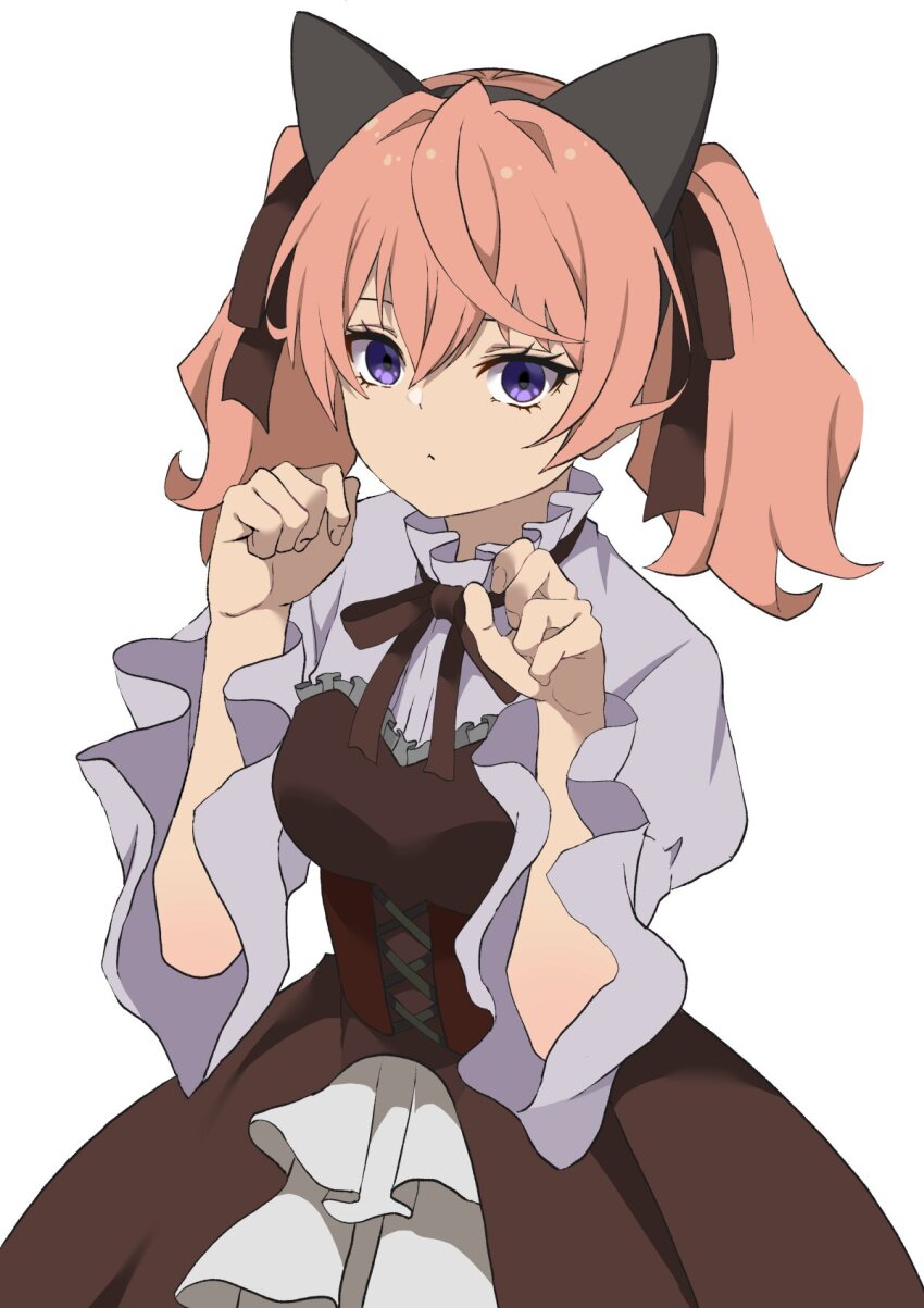 1girl animal_ears apron cat_ears demon_girl hair_ribbon highres linie_(sousou_no_frieren) maid maid_apron pink_hair purple_eyes ribbon ruffled_shirt sousou_no_frieren yasehattagi