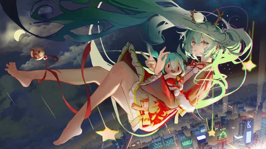 1girl absurdres aqua_hair barefoot blue_eyes bow bowtie character_doll commentary_request doll dress flying hair_between_eyes hatsune_miku heart highres holding holding_toy horns long_hair long_sleeves lonki looking_at_viewer moon nail_polish night night_sky no_pants pentagram red_bow red_bowtie red_dress red_nails sky solo star_(symbol) symbol-shaped_pupils toes tongue tongue_out town toy v very_long_hair vocaloid yellow_star