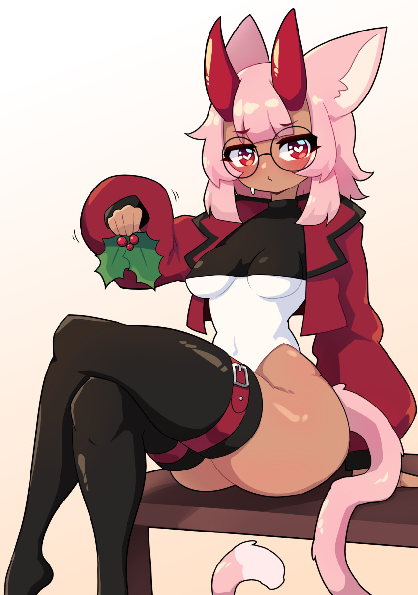 1girl absurdres animal_ears ass bench black-framed_eyewear black_thighhighs blush breasts cat_ears cat_girl cat_tail closed_mouth crossed_legs daigada glasses heart heart-shaped_pupils highres holding holding_mistletoe long_sleeves looking_at_viewer medium_hair mistletoe original pink_hair red_eyes round_eyewear sitting small_breasts solo symbol-shaped_pupils tail thighhighs