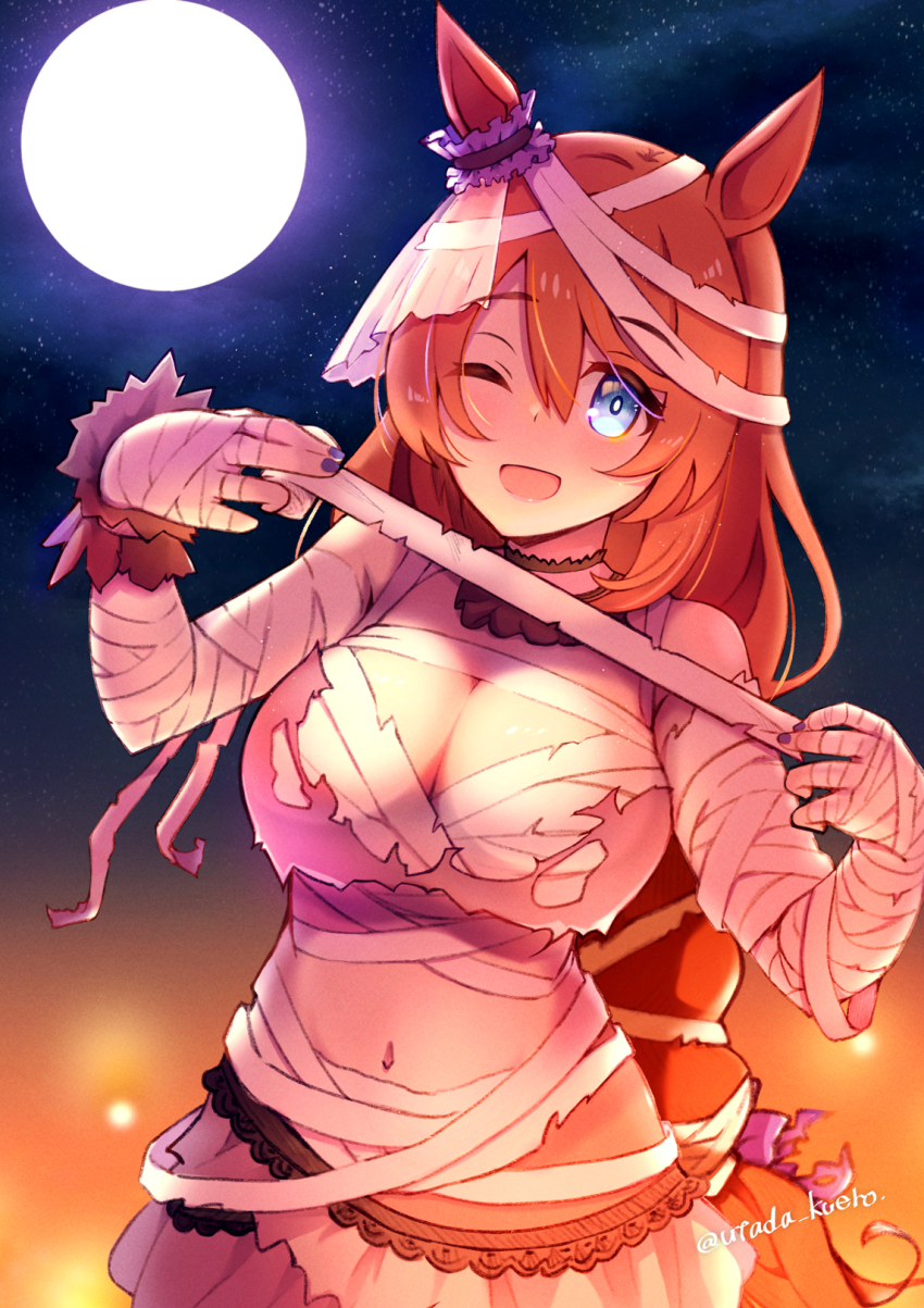 1girl ;d animal_ears bandage_on_hair bandaged_arm bandaged_torso bandages bandeau blue_eyes braid braided_ponytail breasts bright_pupils brown_hair budget_sarashi chest_sarashi choker cleavage commentary_request ear_scrunchie frilled_choker frilled_skirt frills full_moon gradient_background hair_between_eyes highres holding_bandages horse_ears large_breasts long_hair looking_at_viewer moon mummy_costume nail_polish navel official_alternate_costume one_eye_closed open_mouth purple_bandeau purple_nails sarashi see-through_clothes see-through_midriff signature single_wrist_cuff skirt sky smile solo star_(sky) starry_sky super_creek_(chiffon_ribbon_mummy)_(umamusume) super_creek_(umamusume) swept_bangs torn_bandeau twitter_username umamusume utada_kuero veil very_long_hair white_pupils wrist_cuffs