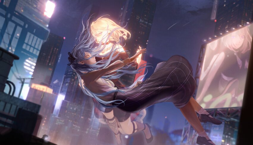 2girls bang_dream! black_choker black_ribbon black_shoes black_shorts blonde_hair blue_hair building choker city city_lights cityscape dutch_angle falling floating_clothes floating_hair full_body ghost glowing glowing_hair glowing_skin grey_skirt hair_ribbon high_heels highres holding_hands interlocked_fingers jilanzhijing long_hair long_skirt long_sleeves medium_hair misumi_uika multiple_girls night night_sky off-shoulder_shirt off_shoulder orange_eyes outdoors peril plaid_clothes plaid_skirt power_lines purple_eyes red_shirt ribbon screen see-through_body shirt shirt_tucked_in shoes shorts skirt sky skyscraper socks thigh_strap togawa_sakiko utility_pole very_long_hair wavy_hair white_shirt white_socks