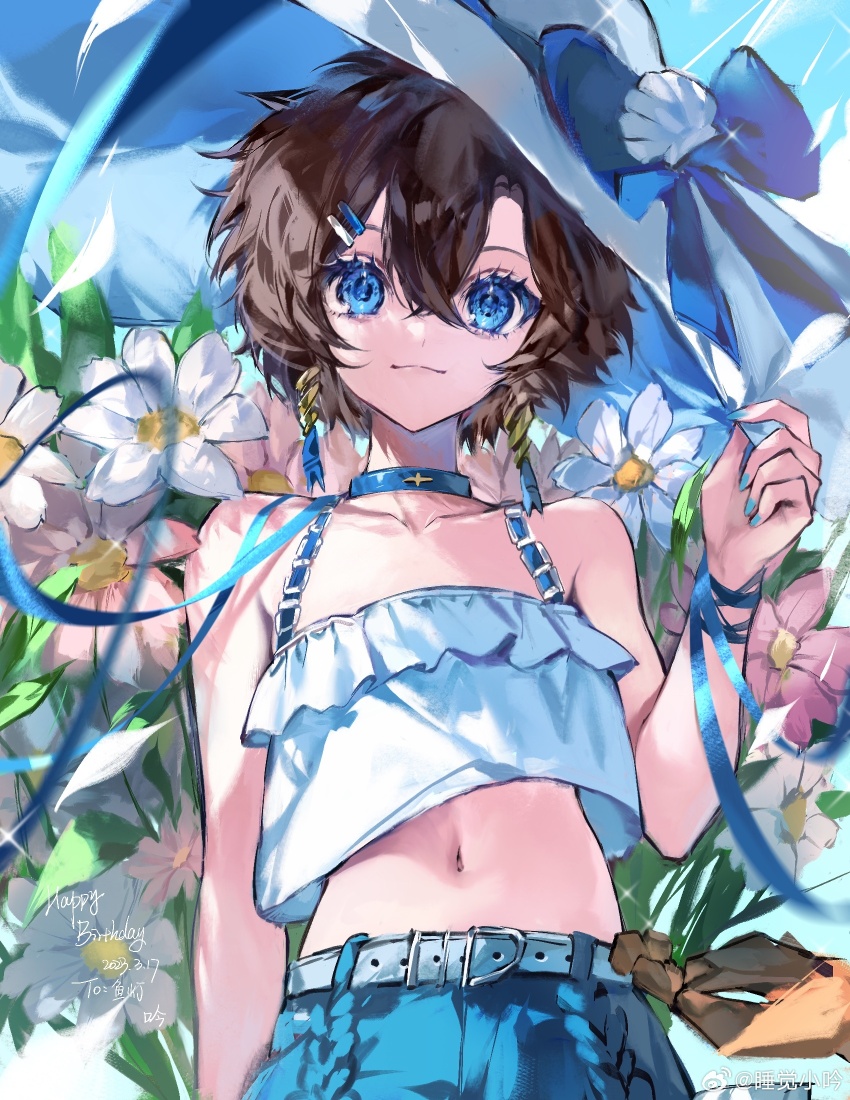 1girl arm_ribbon bare_arms belt belt_bag belt_buckle birthday blue_belt blue_bow blue_choker blue_eyes blue_hat blue_nails blue_ribbon blue_shorts blue_sky bow brown_bag brown_hair buckle character_name character_request chinese_commentary choker closed_mouth colored_eyelashes commentary_request copyright_request cowboy_shot dated day denim denim_shorts flower frilled_shirt frills hair_between_eyes hair_ornament hairclip hand_on_own_head happy_birthday hat hat_bow hat_ornament highres looking_at_viewer midriff nail_polish navel outdoors petals pink_flower ribbon shell_hat_ornament shirt short_hair shorts sky sleeveless sleeveless_shirt smile solo sparkle watermark weibo_watermark weibo_watermark white_flower white_shirt wide_brim zi_yin