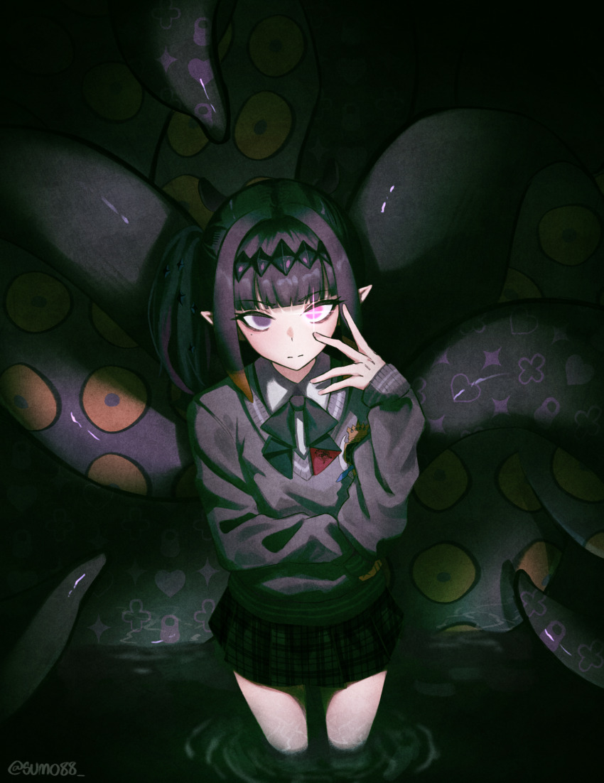 1girl black_ribbon black_skirt blunt_bangs closed_mouth collared_shirt colored_inner_hair commentary glowing glowing_eye gradient_hair grey_sweater hand_up highres hololive hololive_english looking_at_viewer medium_hair miniskirt multicolored_hair neck_ribbon ninomae_ina&#039;nis ninomae_ina&#039;nis_(school_uniform) official_alternate_costume official_alternate_hairstyle orange_hair pink_hair plaid_clothes plaid_skirt pleated_skirt pointy_ears purple_eyes purple_hair ribbon school_uniform shirt side_ponytail sidelocks skirt solo sumosumo sweater tentacle_hair tentacles v-neck virtual_youtuber wading white_shirt