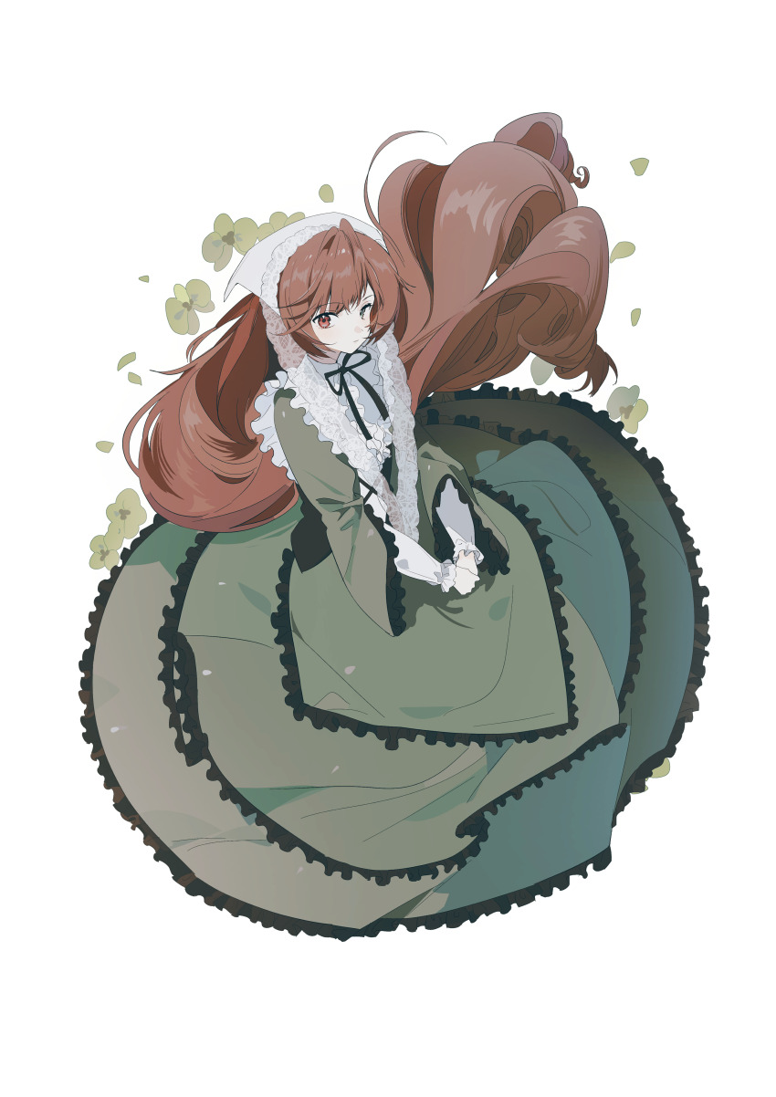 1girl absurdres black_ribbon closed_mouth commentary_request dress flower full_body green_dress green_eyes green_flower heterochromia highres long_hair looking_at_viewer morgue_(southsakura) neck_ribbon own_hands_together red_eyes ribbon rozen_maiden simple_background solo suiseiseki white_background white_headdress