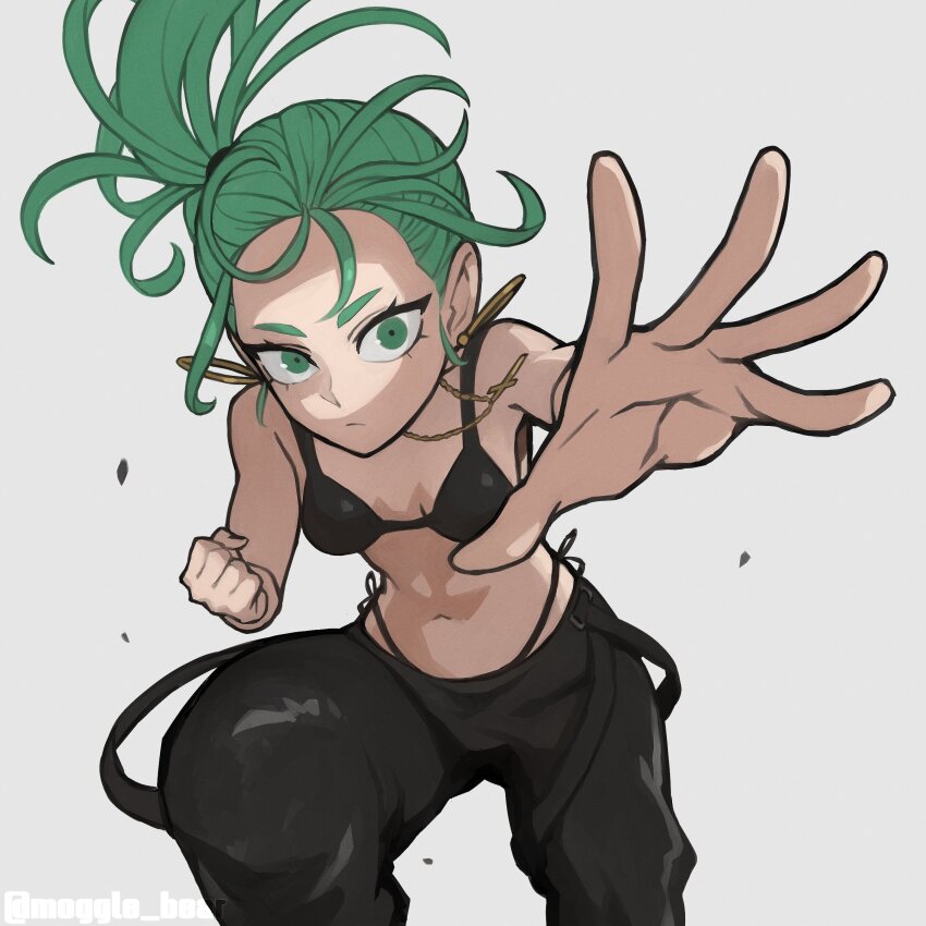 1girl absurdres alternate_hairstyle bikini breasts choker cleavage curly_hair earrings expressionless green_hair highleg highleg_bikini highres hoop_earrings jewelry looking_at_viewer mogglebear one-punch_man pants ponytail reaching reaching_towards_viewer side_ponytail simple_background solo sweatdrop swimsuit tatsumaki tatsumaki_(chapter_171_cover) thong thong_bikini wide_hips