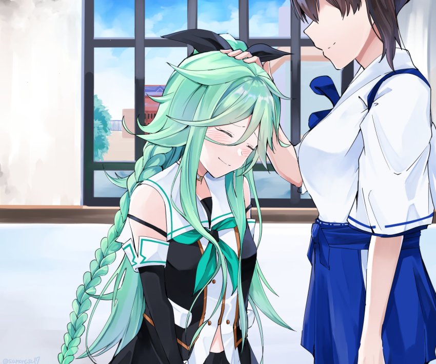 2girls black_gloves black_ribbon black_serafuku blue_hakama braid brown_hair buttons closed_eyes commentary_request cowboy_shot detached_sleeves double-breasted elbow_gloves gloves green_hair green_neckwear hair_between_eyes hair_flaps hair_ornament hair_ribbon hairclip hakama hakama_short_skirt hakama_skirt headpat highres japanese_clothes kaga_(kancolle) kantai_collection long_hair multiple_girls parted_bangs ponytail ribbon samonasu17 school_uniform serafuku side_ponytail sidelocks skirt tasuki twin_braids upper_body yamakaze_(kancolle) yamakaze_kai_ni_(kancolle)