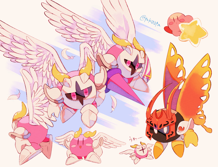 :d :o armor artist_name blue_background blush blush_stickers butterfly_wings commentary_request facing_away feathered_wings feathers from_behind galacta_knight gloves glowing glowing_eyes highres holding holding_polearm holding_shield holding_weapon horned_mask horns insect_wings kirby kirby_(series) lance looking_at_viewer mask morpho_knight multiple_views nintendo open_mouth orange_wings pauldrons pink_eyes polearm riding shield shoes shoulder_armor simple_background smile star_(symbol) tokuura twitter_username warp_star weapon white_background white_eyes white_footwear white_gloves white_wings wings yellow_gloves yellow_horns yellow_shoes