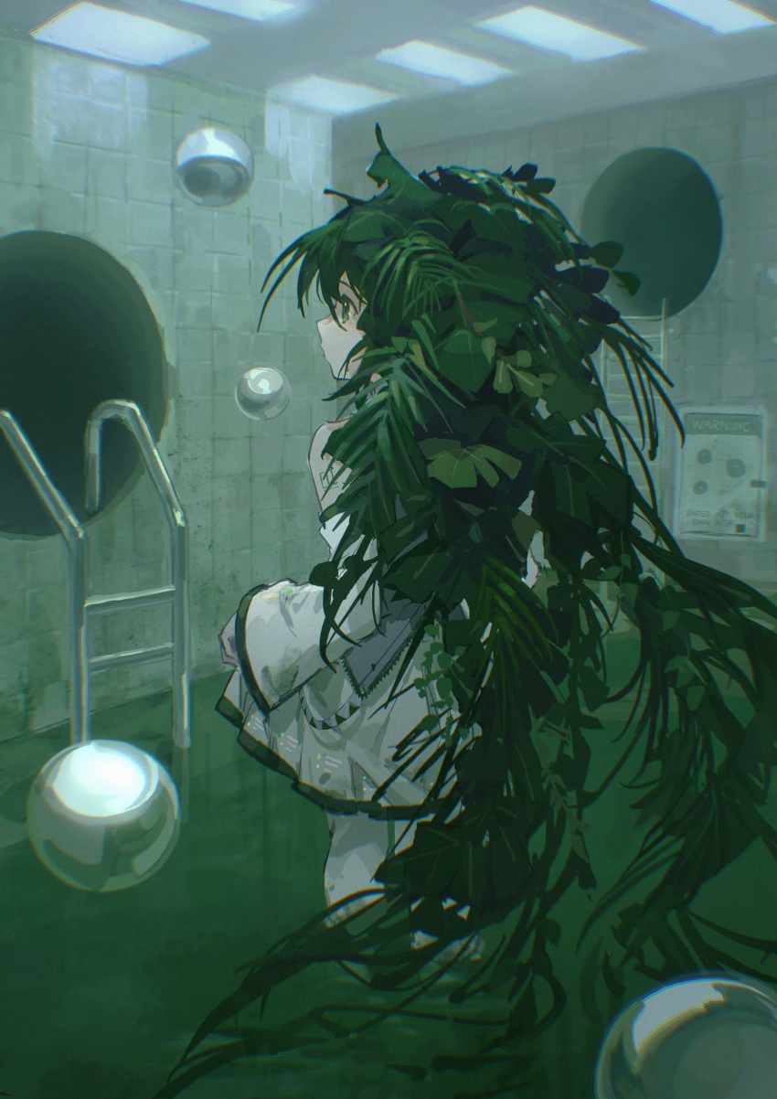 1girl absurdres alternate_hairstyle balabling bubble detached_sleeves facing_away green_eyes green_hair hatsune_miku highres in_water ladder looking_ahead plant_hair pool pool_ladder skirt solo tile_wall tiles vocaloid wading white_skirt