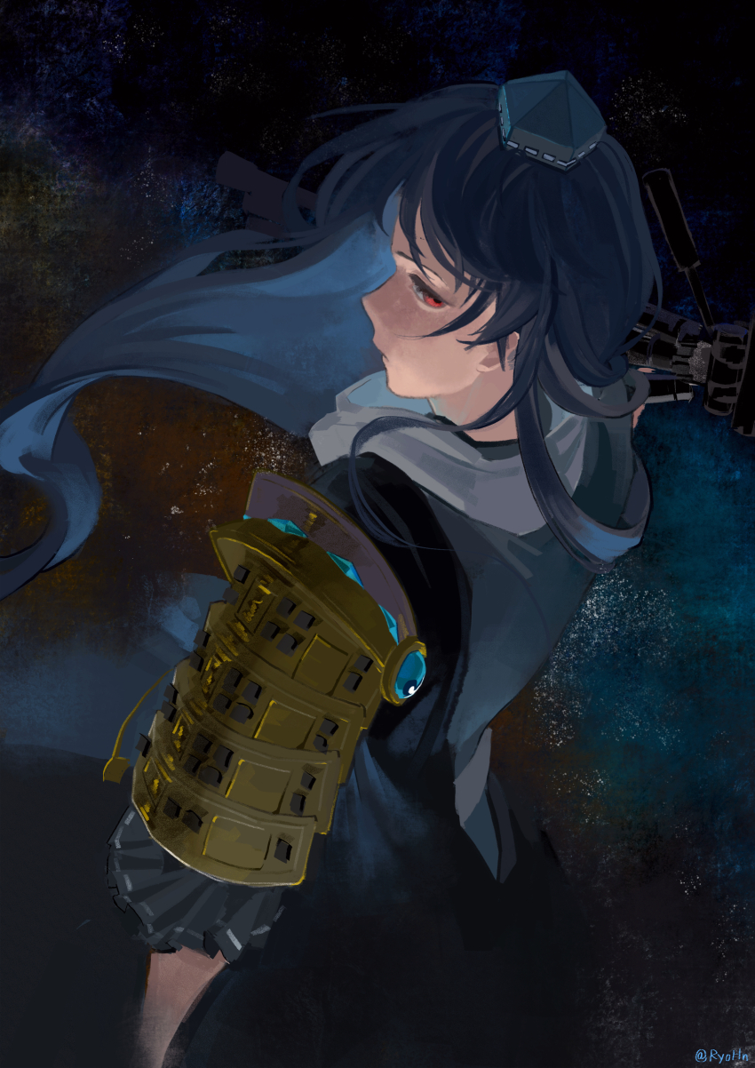 1girl abstract_background absurdres armor blue_dress blue_hair coat dress frilled_sleeves frills hair_flowing_over hat highres holding holding_tripod iizunamaru_megumu long_hair looking_back pauldrons red_eyes ryohn shoulder_armor shoulder_guard single_pauldron sleeveless sleeveless_coat solo surcoat tokin_hat touhou tripod turtleneck