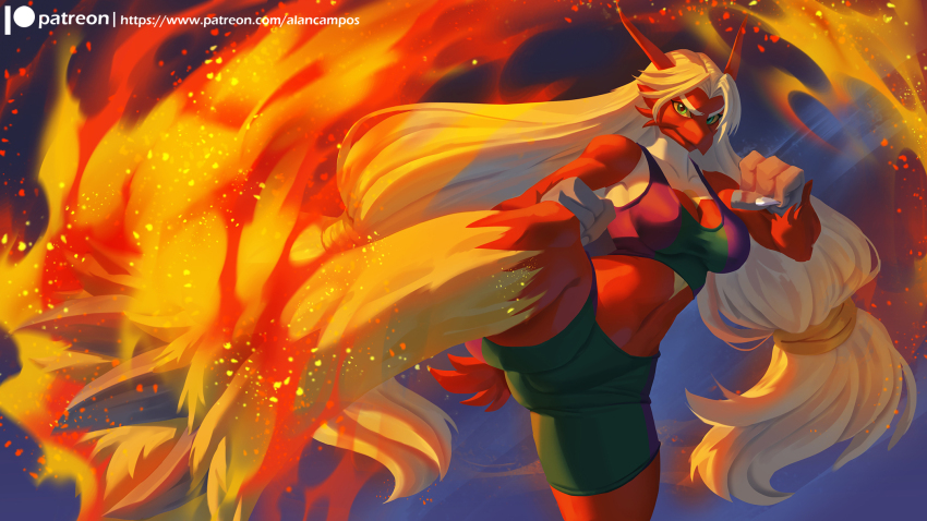 1girl alanscampos blaziken breasts claws colored_sclera fire furry furry_female gen_3_pokemon highres kicking long_hair navel nintendo pokemon pokemon_(creature) smile solo sports_bra standing standing_on_one_leg tail very_long_hair yellow_sclera