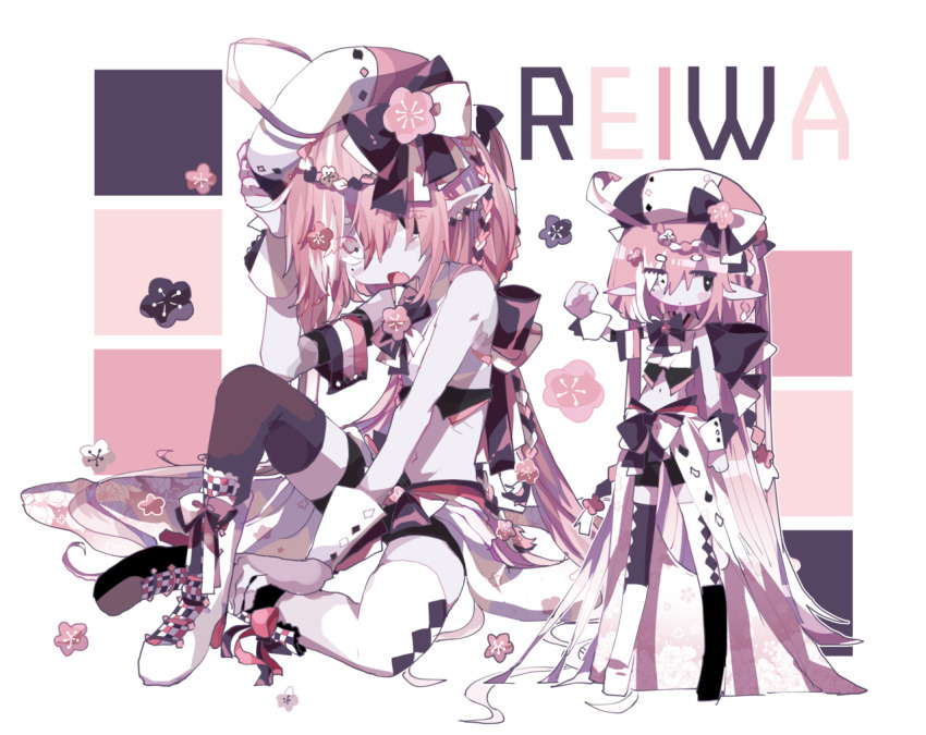 1girl ahoge asymmetrical_footwear asymmetrical_legwear black_boots black_eyes black_ribbon black_shorts black_thighhighs blush_stickers boots bright_pupils cherry_blossoms closed_mouth colored_skin fang flat_chest flower full_body grey_skin hair_flower hair_ornament hair_ribbon hat heterochromia long_hair mismatched_footwear mismatched_legwear mismatched_pupils mole mole_under_eye multicolored_hair multiple_views navel no_nose open_mouth original pink_hair pink_theme pointy_ears reiwa ribbon shirt shoes short_shorts shorts sitting skin_fang standing star-shaped_pupils star_(symbol) symbol-shaped_pupils thighhighs usagi_nui very_long_hair white_eyes white_hair white_headwear white_pupils white_shirt white_shoes white_thighhighs wrist_cuffs