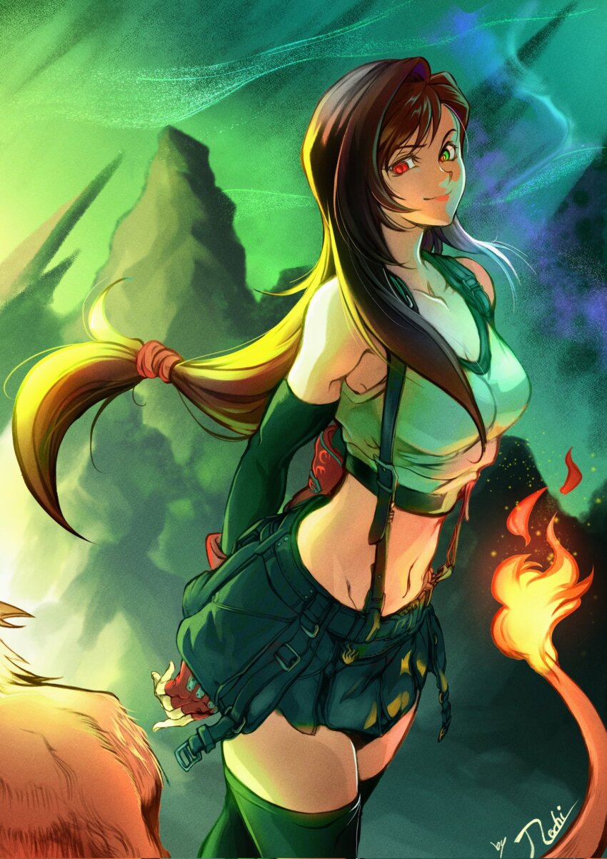 1boy 1girl animal arms_behind_back artist_name bare_shoulders black_bra black_gloves black_skirt black_thighhighs bra breasts brown_hair cleavage closed_mouth collarbone cowboy_shot elbow_gloves elbow_pads final_fantasy final_fantasy_vii final_fantasy_vii_rebirth final_fantasy_vii_remake fingerless_gloves flame-tipped_tail gloves green_eyes hair_tie heterochromia highres lifestream long_hair looking_at_viewer low-tied_long_hair medium_breasts midriff miniskirt mochi_mangaka navel orange_fur outdoors red_eyes red_gloves red_xiii sephiroth shirt single_elbow_pad single_sidelock skirt sleeveless sleeveless_shirt slit_pupils smile sports_bra suspenders thighhighs tifa_lockhart underwear white_shirt