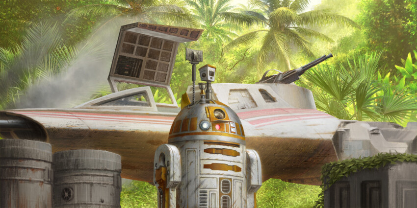 alexandr_elichev astromech_droid day jungle nature no_humans outdoors palm_tree smoke spacecraft star_wars tree