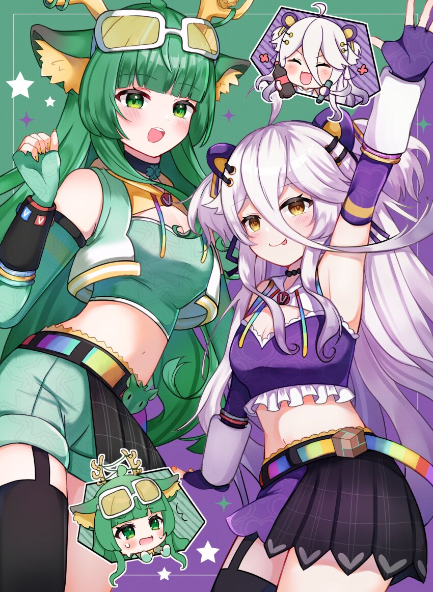 2girls absurdres ahoge animal_ears antler_ornament antlers armpits black_choker black_garter_straps black_skirt black_thighhighs blush breasts choker cleavage cleavage_cutout clothing_cutout cropped_jacket cropped_shirt deer_ears diet_coke_and_mentos_(meme) fake_animal_ears fingerless_gloves frilled_shirt frills garter_straps gloves gradient_hair green_background green_eyes green_gloves green_hair green_shirt green_shorts grey_hair hair_between_eyes hair_ornament hair_ribbon hairpin haruka_karibu henya_the_genius henya_the_genius_(1st_costume) highres horns large_breasts long_bangs long_hair meme midriff multicolored_hair multiple_girls navel open_mouth purple_gloves purple_hair purple_ribbon purple_shirt rainbow_belt reindeer_antlers ribbon shirt shorts sidelocks skirt sleeveless sleeveless_shirt small_breasts teeth thighhighs tomoyo619 two_side_up upper_teeth_only virtual_youtuber vshojo yellow_eyes