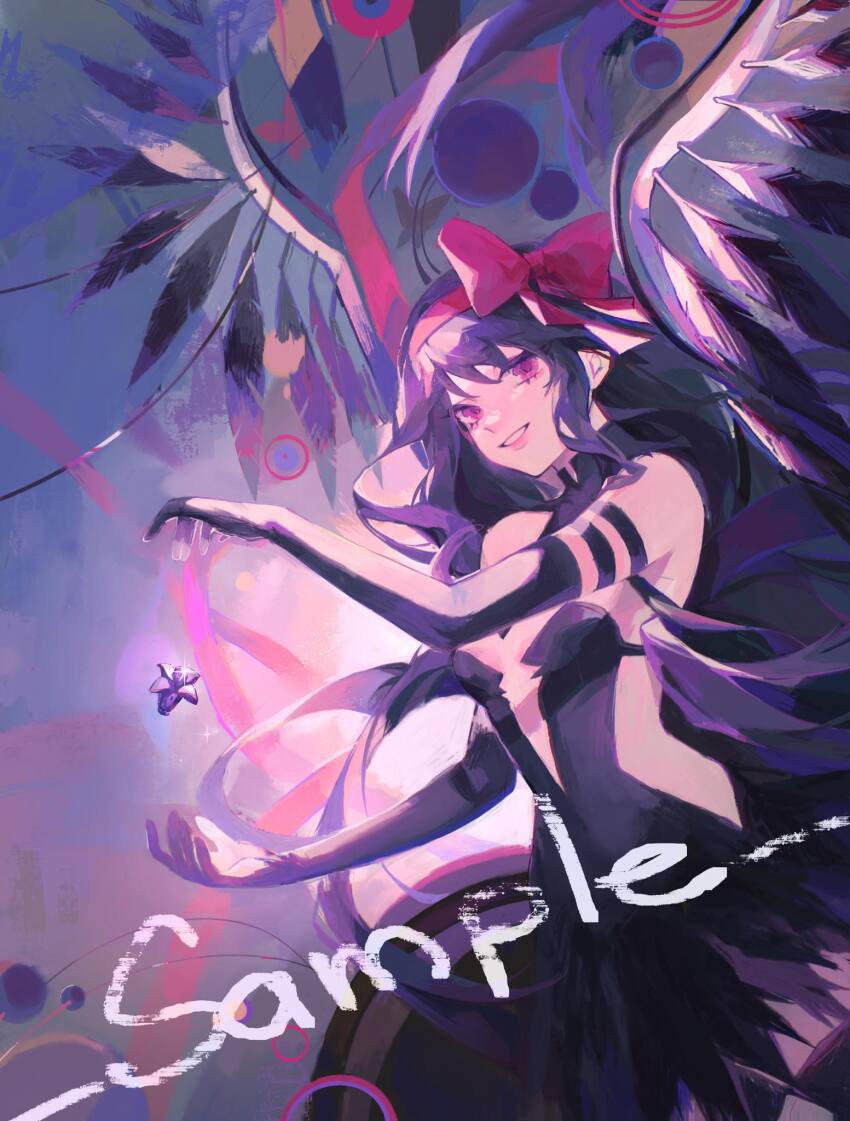 1girl akemi_homura akuma_homura black_dress black_gloves black_wings bow commentary_request dark_orb_(madoka_magica) dress elbow_gloves feathered_wings gloves hair_bow highres long_hair looking_at_viewer mahou_shoujo_madoka_magica mahou_shoujo_madoka_magica:_hangyaku_no_monogatari miihanatochan plunging_neckline purple_eyes red_bow sample_watermark sleeveless sleeveless_dress smile solo soul_gem very_long_hair vietnamese_commentary watermark wings