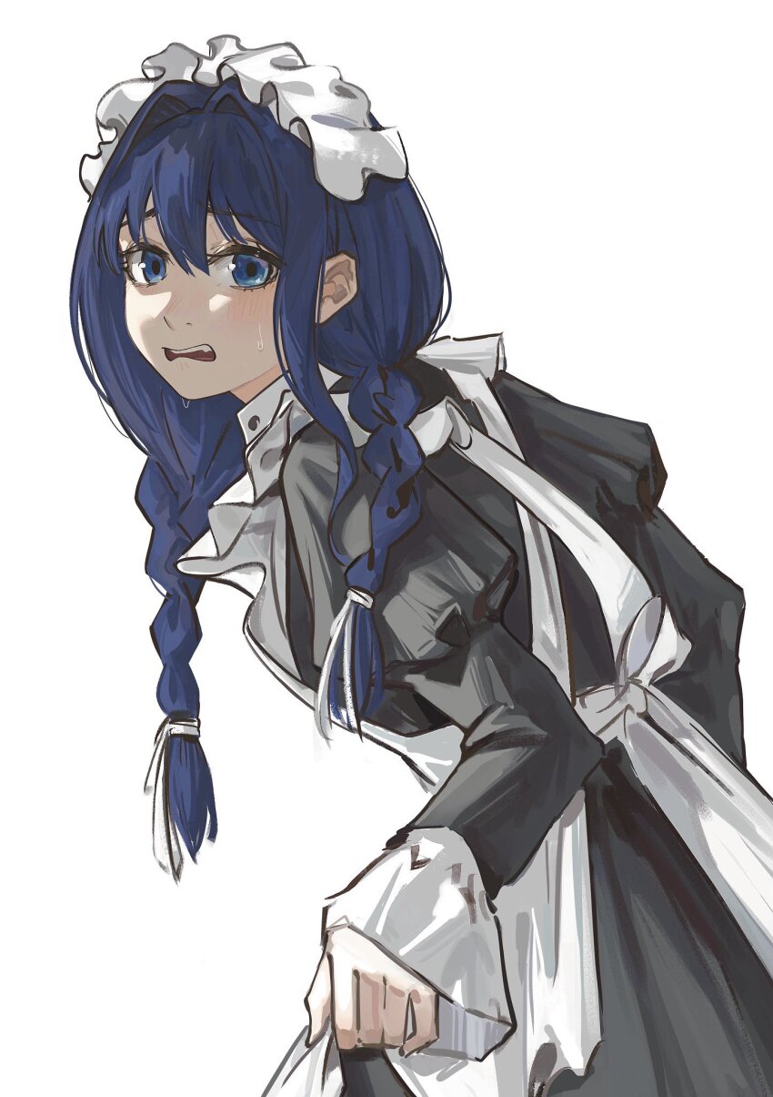 1girl apron black_dress blue_eyes blue_hair braid dress hair_ribbon hashtag-only_commentary highres hololive hololive_english long_hair looking_at_viewer low_twin_braids maid_apron maid_headdress official_alternate_costume official_alternate_hairstyle ouro_kronii ouro_kronii_(maid) ribbon simple_background solo sweat tarinne twin_braids virtual_youtuber white_apron white_background white_ribbon