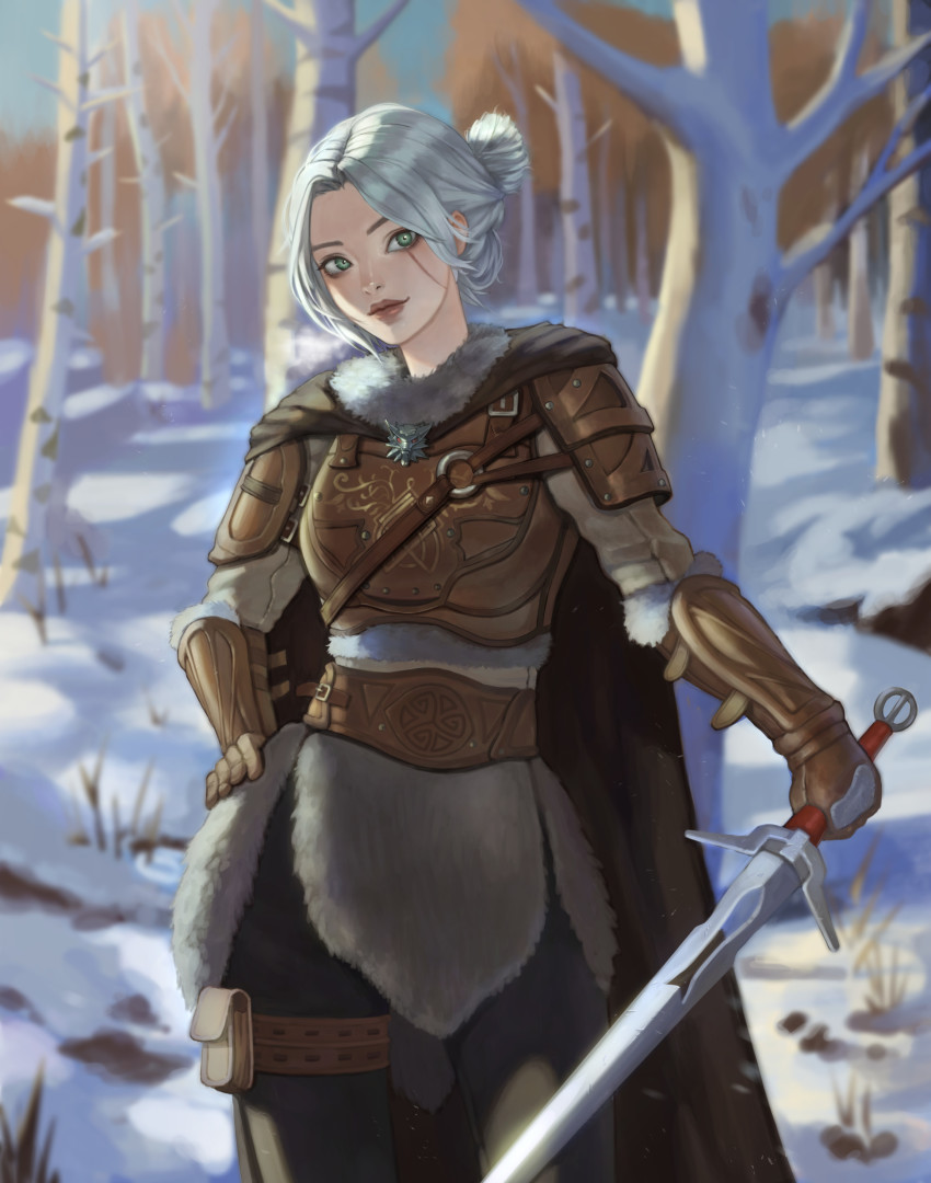 1girl absurdres alternate_costume armor belt blurry blurry_background brown_belt brown_gloves ciri closed_mouth commentary english_commentary forest fur_collar fur_trim gloves green_eyes hand_on_own_hip highres holding holding_sword holding_weapon leather_armor lips looking_at_viewer medallion nature orhicam outdoors pants pouch scar scar_across_eye scar_on_face short_hair silver_hair smile snow solo standing sword the_witcher_(series) the_witcher_3 thigh_pouch thigh_strap tree weapon winter winter_clothes