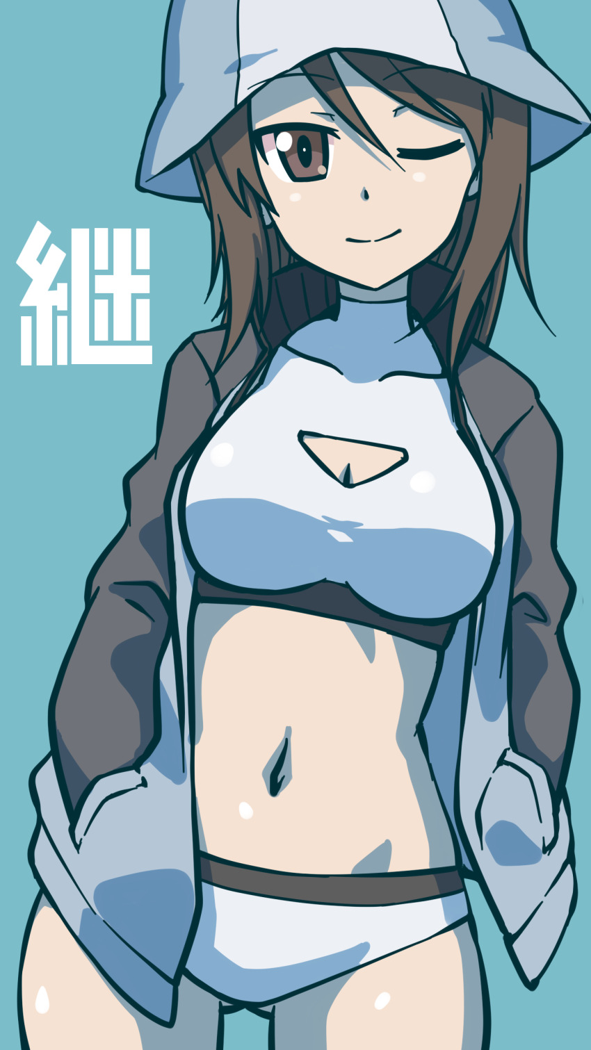 1girl ;) absurdres bikini blue_background blue_hat blue_jacket brown_eyes brown_hair cleavage_cutout closed_mouth clothing_cutout commentary girls_und_panzer gluteal_fold goriate hands_in_pockets hat highres jacket keizoku_military_uniform long_hair long_sleeves looking_at_viewer mika_(girls_und_panzer) military_uniform navel one_eye_closed open_clothes open_jacket raglan_sleeves smile solo standing swimsuit track_jacket tulip_hat white_bikini