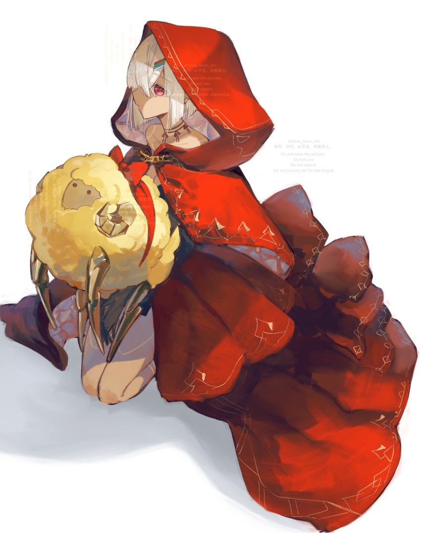 1girl absurdres altera_(fate) altera_(fgo_fes._2025)_(fate) bare_legs bare_shoulders breasts chain cloak collarbone dark-skinned_female dark_skin dress fate/grand_order fate_(series) full-body_tattoo full_body hair_over_one_eye highres hood hooded_cloak looking_at_viewer one_eye_covered red_cloak red_eyes sheep short_hair sitting small_breasts solo strapless strapless_dress sugomori_tsuru_(hana_tsuru_wo) tattoo white_hair