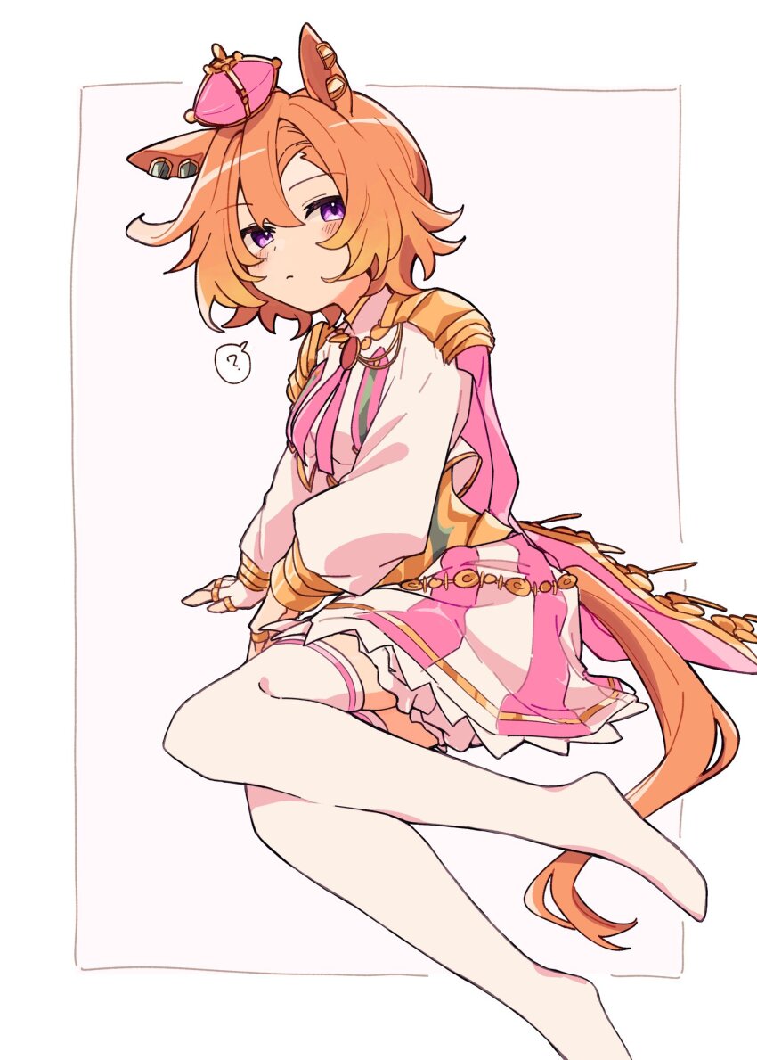 1girl ? amano_(amano_miko) animal_ear_piercing animal_ears arm_support armor armored_corset blush border cape closed_mouth commentary_request cropped_shirt crown full_body gold_armor hair_between_eyes highres horse_ears horse_girl horse_tail inset_border invisible_floor jewelry light_frown long_sleeves looking_to_the_side mini_crown miniskirt necklace no_shoes orange_hair orange_tail pauldrons pink_cape pink_ribbon pink_skirt puffy_long_sleeves puffy_sleeves purple_eyes red_brooch ribbon ring shirt short_hair shorts shoulder_armor shoulder_pads sideways_glance single_horizontal_stripe sitting skirt solo spoken_question_mark striped_clothes striped_skirt t.m._opera_o_(umamusume) tail thighhighs two-tone_skirt umamusume vambraces white_background white_border white_shirt white_shorts white_skirt white_thighhighs yokozuwari zettai_ryouiki