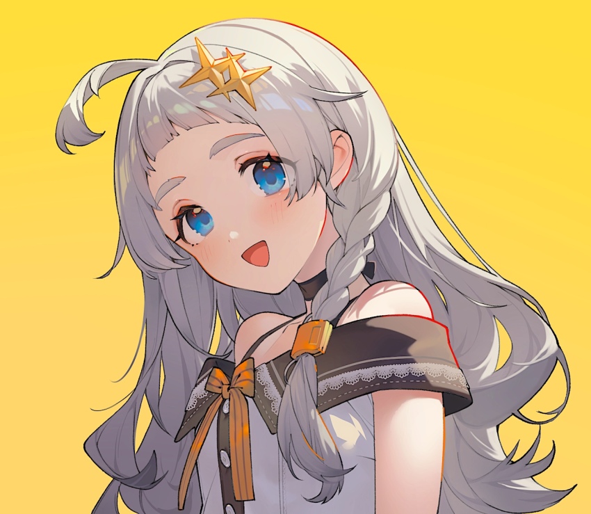 1girl a.i._voice arched_bangs blonde_hair blue_eyes blush braid commentary_request grey_hair hair_ornament kizuna_akari kizuna_akari_(tsubomi) long_hair looking_at_viewer open_mouth shirinda_fureiru simple_background single_braid solo upper_body voiceroid
