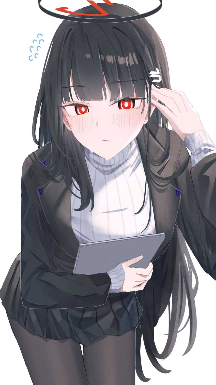 1girl absurdres black_hair black_pantyhose blazer blue_archive flying_sweatdrops hair_ornament hairclip halo highres jacket leonardo_566 long_hair looking_at_viewer pantyhose pleated_skirt red_eyes ribbed_sweater ringed_eyes rio_(blue_archive) shirt simple_background skirt solo sweater tablet_pc turtleneck turtleneck_sweater white_background white_shirt