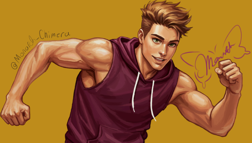 1boy :d blonde_hair clenched_hand crew_cut derek_suarez green_eyes grin hood hood_down hoodie looking_at_viewer male_focus monarch_chimera muscular muscular_male open_mouth our_life our_life:_beginnings_and_always red_hoodie running sleeveless sleeveless_hoodie smile solo teeth twisted_torso upper_body upper_teeth_only wavy_hair yellow_background