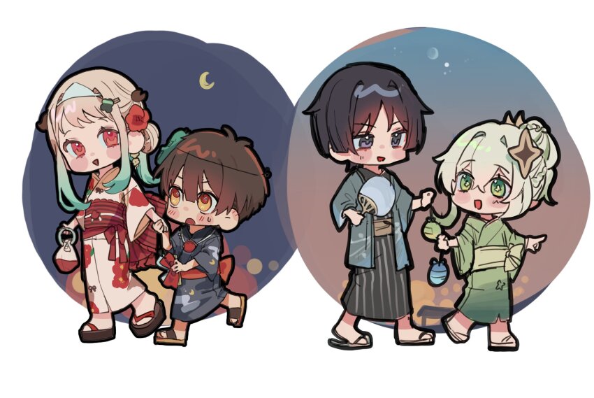 alternate_costume alternate_hairstyle bag black_footwear black_hair black_hakama black_kimono blonde_hair blunt_ends blush blush_stickers bow braid braided_bun bright_pupils brown_footwear brown_hair brown_sash cross-shaped_pupils egasumi fiwbu_2 flower genshin_impact geta gradient_hair green_eyes green_hair green_kimono green_mask grey_eyes grey_haori grey_kimono hair_between_eyes hair_bun hair_flower hair_intakes hair_ornament hakama half_up_braid hanako_(jibaku_shounen_hanako-kun) hand_fan handbag happy height_difference highres holding holding_bag holding_fan holding_hands japanese_clothes jibaku_shounen_hanako-kun kimono long_hair long_sleeves looking_at_another mask mask_on_head multicolored_hair nahida_(genshin_impact) obi obijime okobo open_mouth pink_kimono pink_sleeves platform_sandals pointing pointing_to_the_side red_bow red_eyes red_sash samue sandals sash scaramouche_(genshin_impact) short_hair_with_long_locks single_hair_bun symbol-shaped_pupils tabi three-quarter_sleeves toes triangle_mouth triangular_headpiece walking white_background white_hair white_pupils wide_sleeves yashiro_nene yellow_eyes yukata