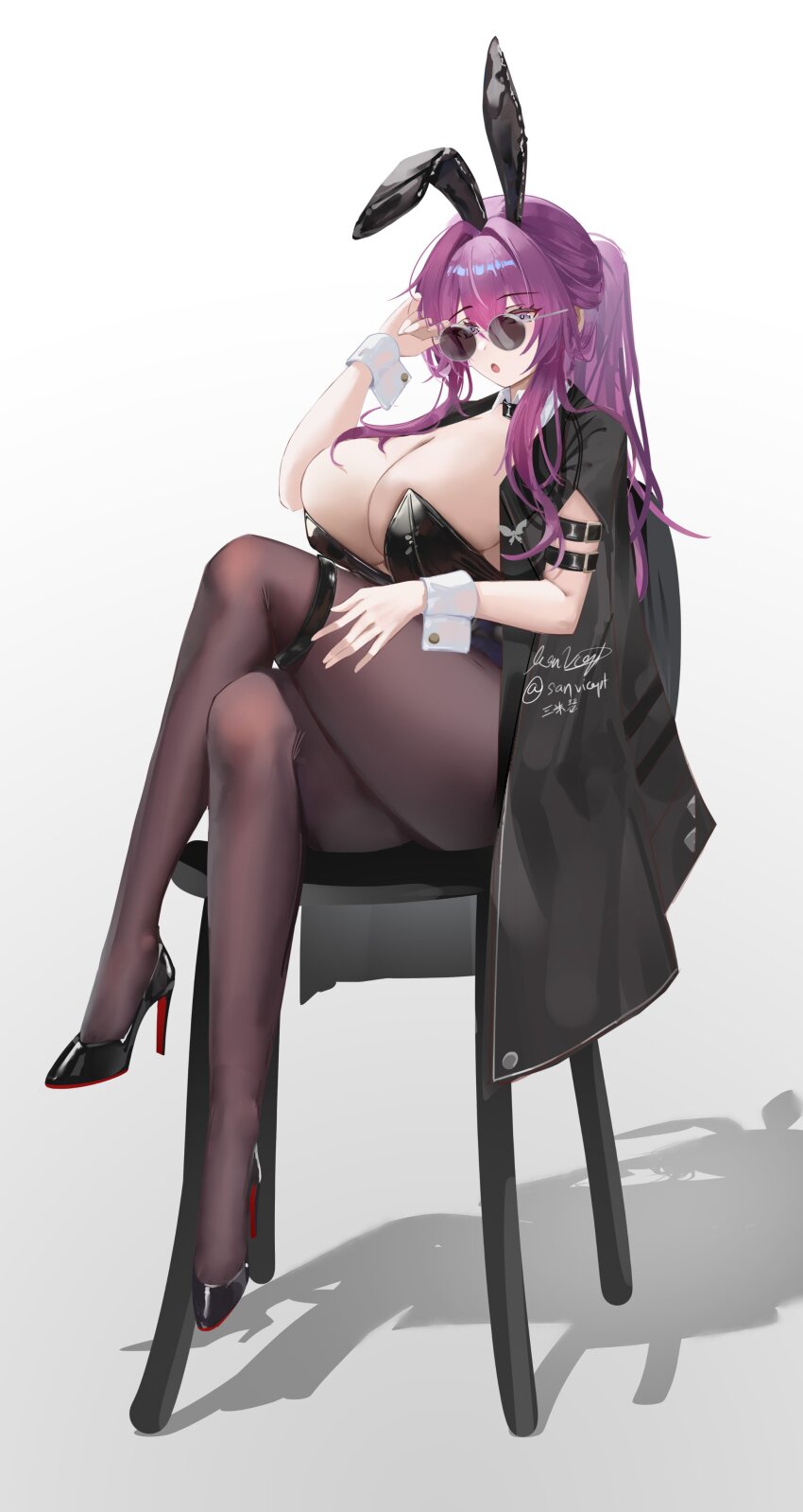 1girl :o absurdres adjusting_eyewear alternate_breast_size alternate_costume animal_ears artist_name black_coat black_leotard black_pantyhose black_shoes breasts chair cleavage coat colored_shoe_soles commentary crossed_legs english_commentary fake_animal_ears full_body gradient_background grey_background hair_between_eyes hand_on_own_leg hand_up high_heels highres honkai:_star_rail honkai_(series) kafka_(honkai:_star_rail) large_breasts leotard long_hair looking_at_viewer on_chair pantyhose patent_heels playboy_bunny pumps purple_hair rabbit_ears red_soles round_eyewear sanvicept shadow shoes signature simple_background sitting solo stiletto_heels strapless strapless_leotard thigh_strap tinted_eyewear twitter_username very_long_hair white_background white_wrist_cuffs wrist_cuffs