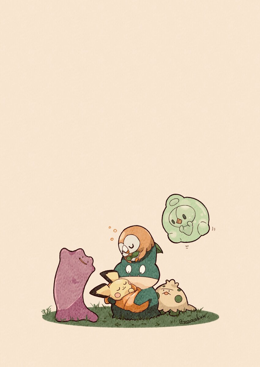 absurdres blanket closed_eyes closed_mouth ditto duosion fangs gen_1_pokemon gen_2_pokemon gen_3_pokemon gen_4_pokemon gen_5_pokemon gen_7_pokemon grass highres holding munchlax nintendo no_humans open_mouth pichu pokemon pokemon_(creature) rowlet shroomish sleeping zozozoshion
