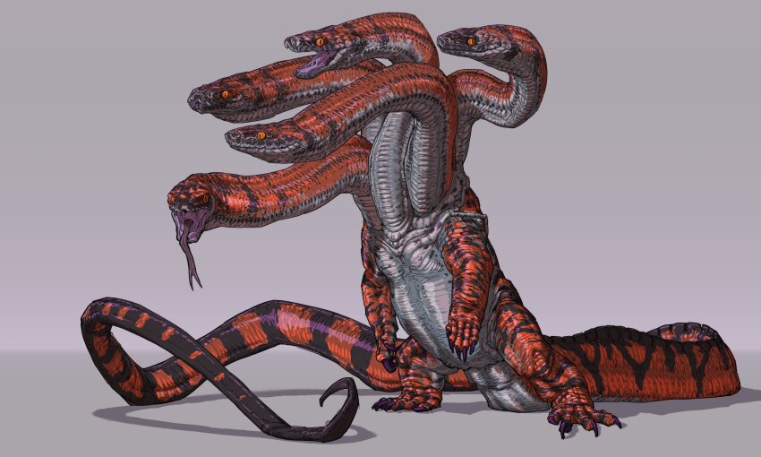 absurdres black_scales corey_rivera forked_tongue grey_background grey_scales highres hydra monster multicolored_scales no_humans open_mouth orange_eyes orange_scales original slit_pupils solo standing tail tongue