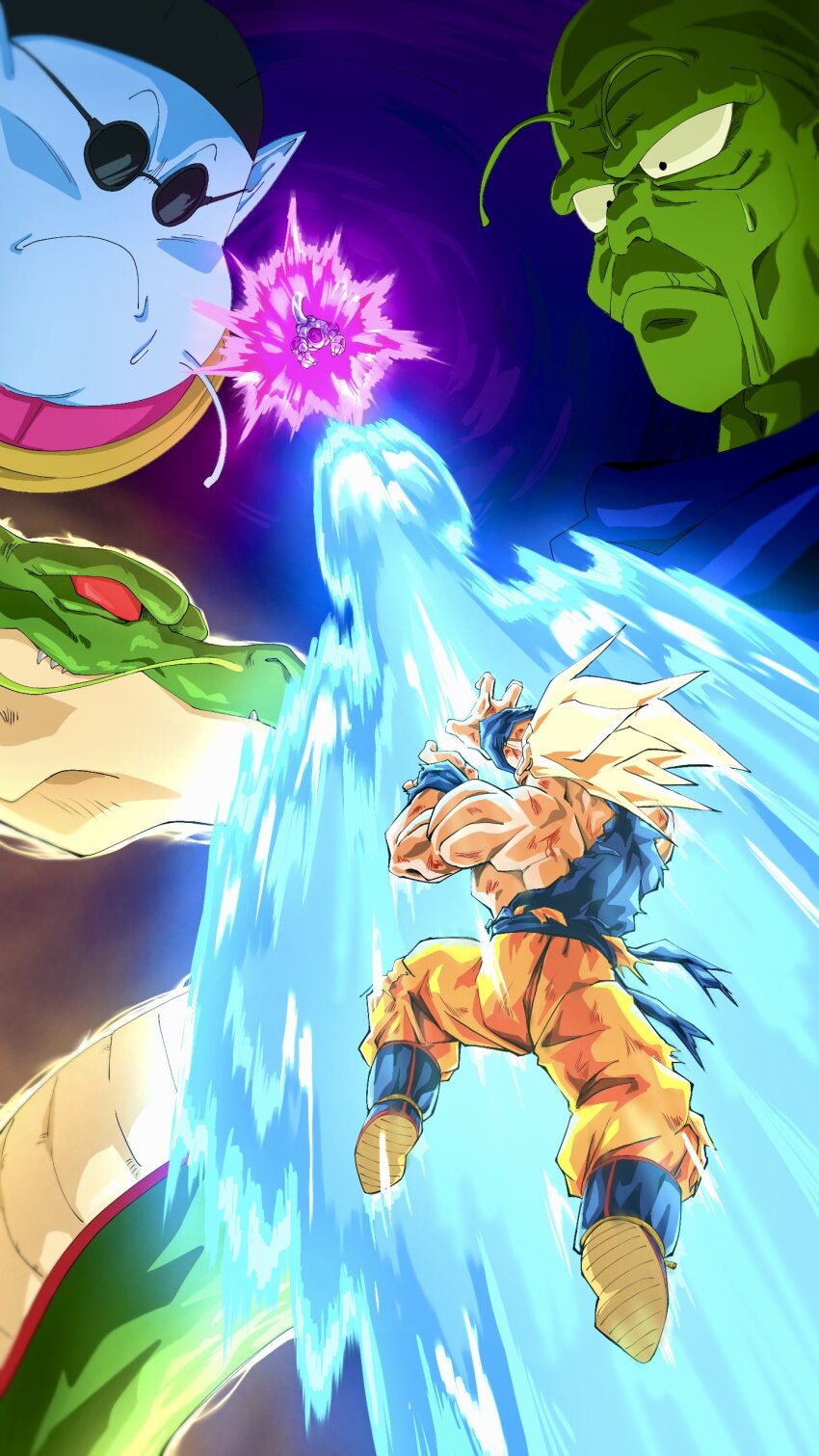 4boys absurdres antennae aura blonde_hair blue_shirt blue_skin colored_skin dragon dragon_ball dragonball_z frieza full_power_frieza green_skin highres kamehameha_(dragon_ball) kami-sama_(dragon_ball) male_focus medium_hair multiple_boys muscular muscular_male nishitakuart no_eyebrows north_kaiou orange_pants pants pointy_ears shenron_(dragon_ball) shirt son_goku spiked_hair torn_clothes torn_pants torn_shirt white_skin
