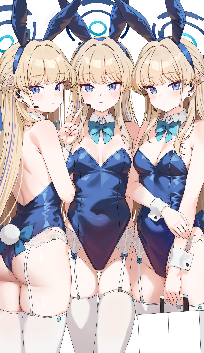 1girl absurdres animal_ear_hairband animal_ears aowow aqua_bow aqua_bowtie ass bag blonde_hair blue_archive blue_eyes blue_hair blue_leotard blush bow bowtie braid breasts cleavage commission covered_navel detached_collar earrings fake_animal_ears fake_tail garter_belt gluteal_fold groin hairband half_up_braid halo headset highres holding holding_bag jewelry leotard light_smile long_hair looking_at_viewer median_furrow multicolored_hair multiple_views official_alternate_costume pixiv_commission playboy_bunny rabbit_ear_hairband rabbit_ears rabbit_tail shoulder_blades simple_background small_breasts strapless strapless_leotard streaked_hair stud_earrings tail thigh_gap thighhighs toki_(blue_archive) toki_(bunny)_(blue_archive) two-tone_hair v very_long_hair white_background white_garter_belt white_thighhighs wrist_cuffs