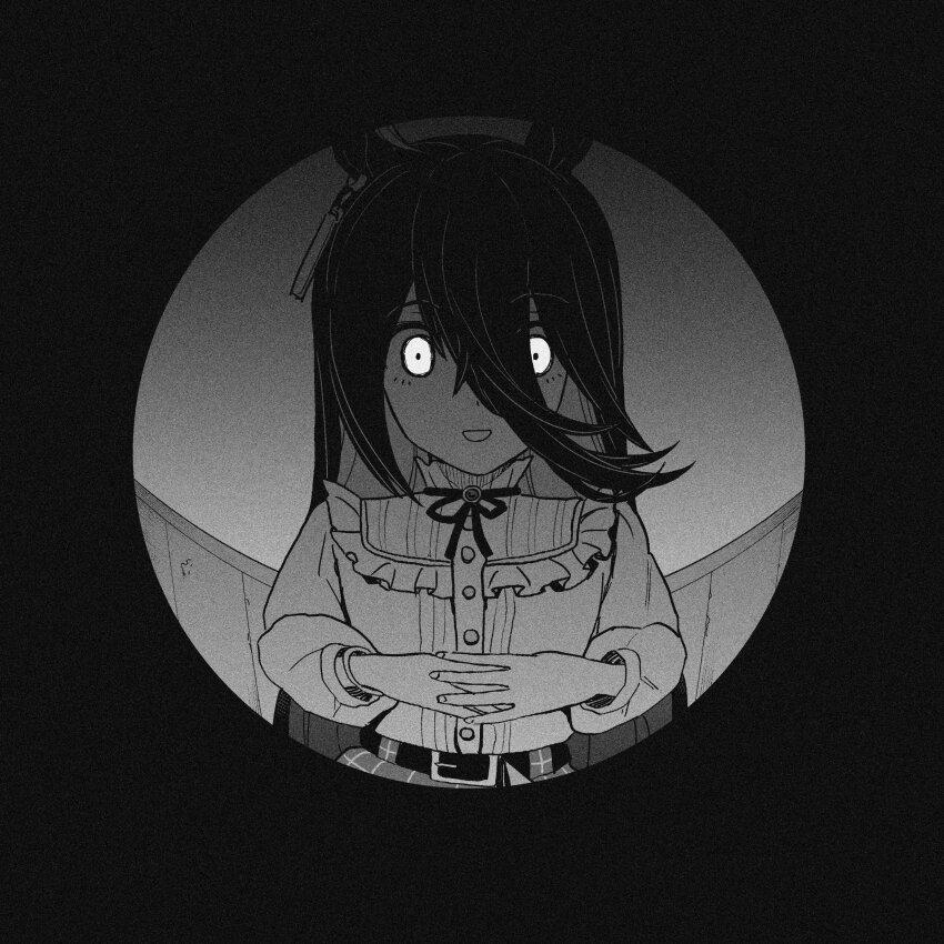 1girl absurdres animal_ears belt crossed_bangs ear_tag earrings fisheye frilled_shirt frilled_shirt_collar frills hair_between_eyes highres horse_ears horse_girl jewelry kimihitsuji long_bangs long_hair long_hair_between_eyes long_sleeves manhattan_cafe_(umamusume) neck_ribbon own_hands_together parted_lips plaid_clothes plaid_skirt pov_peephole ribbon shirt single_earring skirt smile solo umamusume very_long_hair