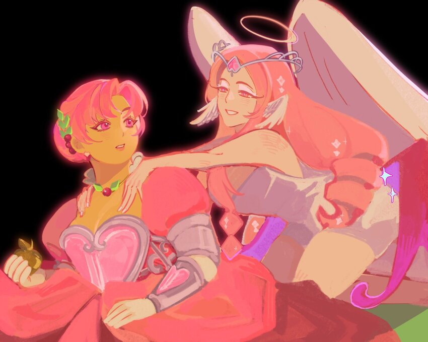 2girls angel angel_wings apple black_background circlet commentary cookie_run cookie_run:_kingdom dress english_commentary eternal_sugar_cookie food food-themed_hair_ornament fruit fruit_hair_ornament golden_apple hair_ornament halo hands_on_another&#039;s_shoulders head_wings highres holding holding_food holding_fruit hollyberry_cookie jewelry long_hair looking_at_another multiple_girls necklace parted_lips pink_dress pink_eyes pink_hair puffy_short_sleeves puffy_sleeves shnjie short_sleeves smile white_wings wings