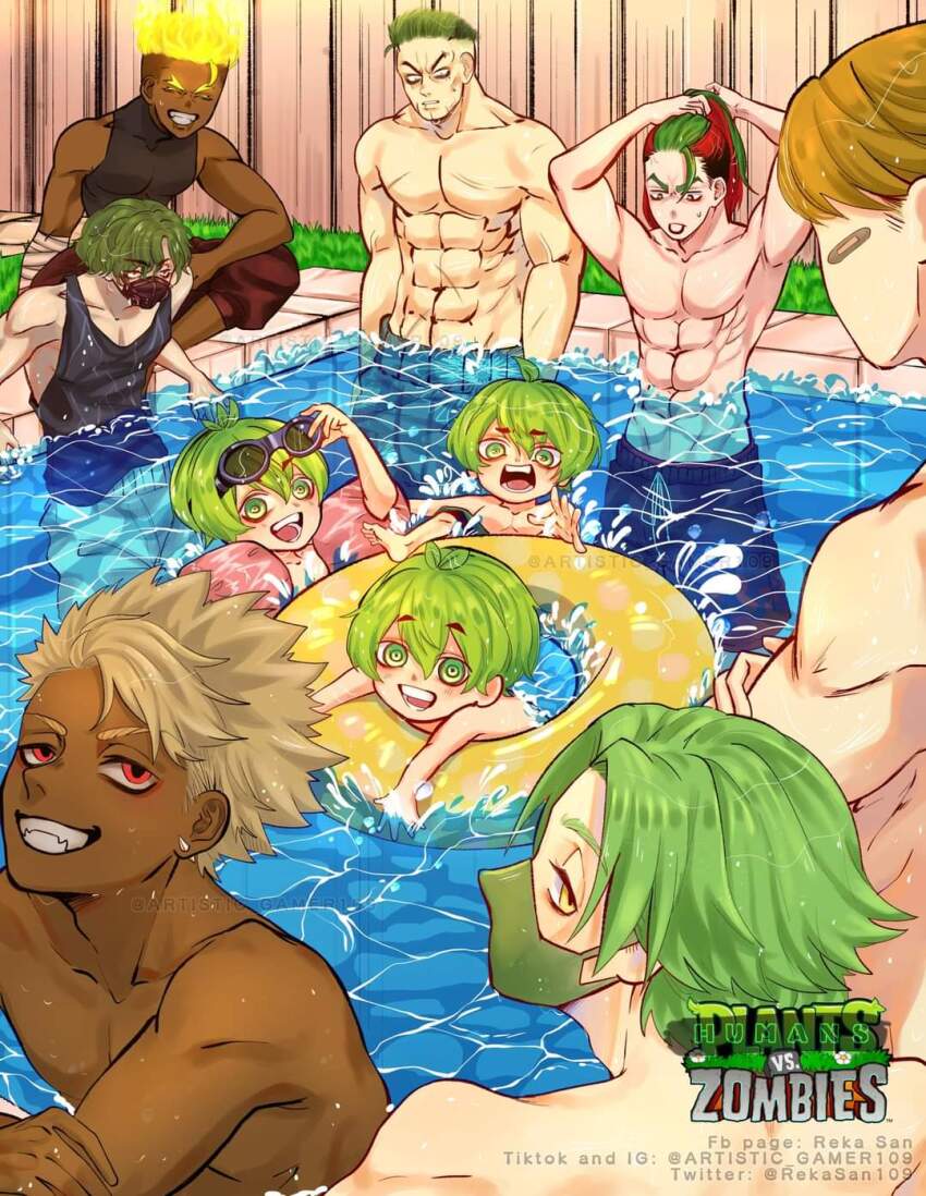 6+boys ahoge anger_vein angry bags_under_eyes bandaged_arm bandages bandaid bandaid_on_face beige_hair black_eyes black_hair black_mask black_swim_trunks black_tank_top brothers brown_hair brown_pants child chili_pepper closed_eyes collarbone commentary_request constricted_pupils cowboy_shot crossed_arms crossed_legs dark-skinned_male dark_skin facing_away fangs fence fire_hair flame_hair floatie floats floaty forked_eyebrows furrowed_brow goggles goggles_on_head green_eyes green_hair green_mask green_swim_trunks hair_between_eyes hair_tie hair_tie_in_mouth half-closed_eyes happy high_ponytail highres holding holding_goggles holding_own_hair humanization indian_style inflatable_armbands jalapeno_(plants_vs_zombies) jalapeno_pepper jitome kelp leaning leaning_back lily_pad lily_pad_(plants_vs_zombies) looking_at_another looking_at_viewer looking_back looking_down looking_to_the_side loose_hair_strand male_focus male_swimwear mask medium_hair mouth_hold mouth_mask multicolored_hair multicolored_swim_trunks multiple_boys muscular muscular_arms muscular_male nervous nervous_smile open_mouth orange_hair pants parted_lips personification plants_vs_zombies ponytail pool poolside raised_eyebrows red_eyes red_hair reka-san scar scar_on_chest scar_on_chin scar_on_face scar_on_stomach scowl shirt short_hair siblings sitting sleeveless smile spiked_ear_piercing spiked_hair spikes spikeweed_(plants_vs_zombies) splashing squash squash_(plants_vs_zombies) sweatdrop swim_trunks swimsuit tagme tall-nut_(plants_vs_zombies) tangle_kelp_(plants_vs_zombies) tank_top teeth threepeater_(plants_vs_zombies) toned toned_male toned_stomach topless_female topless_male torchwood_(plants_vs_zombies) triplets turtleneck turtleneck_shirt veins veiny_arms veiny_face water wavy_hair white_swim_trunks yellow_eyes yellow_spikes