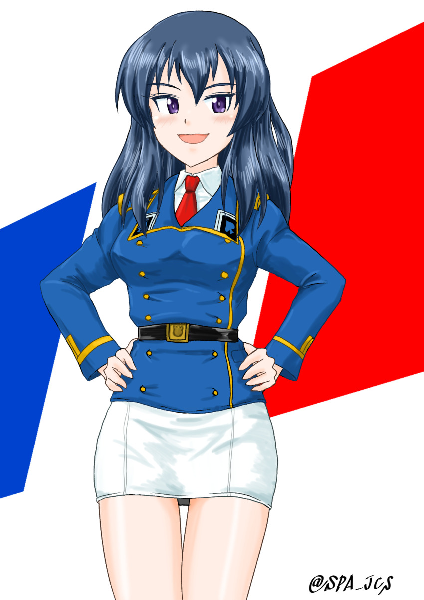 1girl blue_eyes blue_hair blue_jacket breasts collarbone eclair_(girls_und_panzer) french_flag girls_und_panzer girls_und_panzer_gekitou!_maginot-sen_desu!! hands_on_own_hips highres jacket large_breasts light_smile long_hair maginot_military_uniform miniskirt necktie nspa_(spa-jcs) pencil_skirt purple_eyes red_necktie shirt signature skirt tight_clothes white_shirt white_skirt